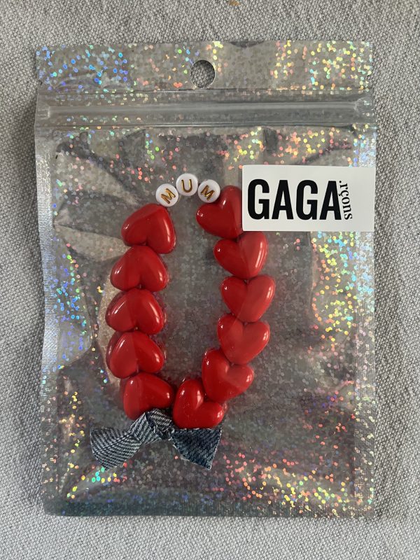 Bracelet MUM - Rouge maxi coeurs & maxi noeud en jean