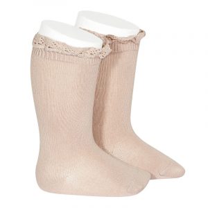 Chaussettes hautes unies avec dentelle sur bordure