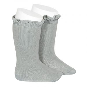 Chaussettes hautes unies avec dentelle sur bordure