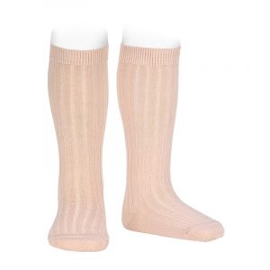 Chaussettes hautes côtelée laine mérinos mélangé coloris Nude