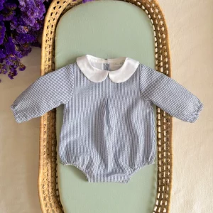 Barboteuse Rayée Bleu et Blanc Col Peter Pan Blanc