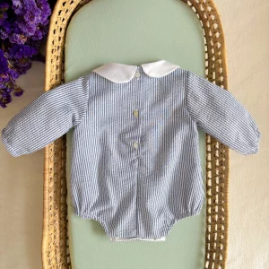 Barboteuse Rayée Bleu et Blanc Col Peter Pan Blanc